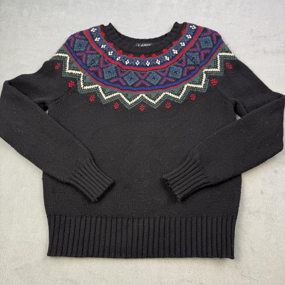 Lauren Ralph Lauren Sweater Womens SP Petite Black Fair Isle Ski Pullover Wool